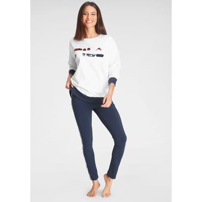 Loungeanzug FILA, Damen, Gr. XS, blau (dunkelblau), Jersey, Obermaterial: 100% Baumwolle. Obermaterial Hose: 95% Baumwolle, 5% Elasthan, glänzend, Glitzermuster, bequem knöchellang, Rundhals, Langarm angeschnitten Rippbündchen kontrastfarben,... Image