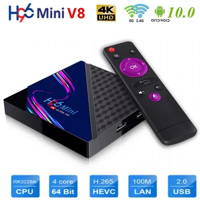 Boîtier Smart TV H96 Mini V8 Android 10.0 RK3228A 4K 2 Go/16 Go DDR3 WiFi 2.4 GHz Décodeur