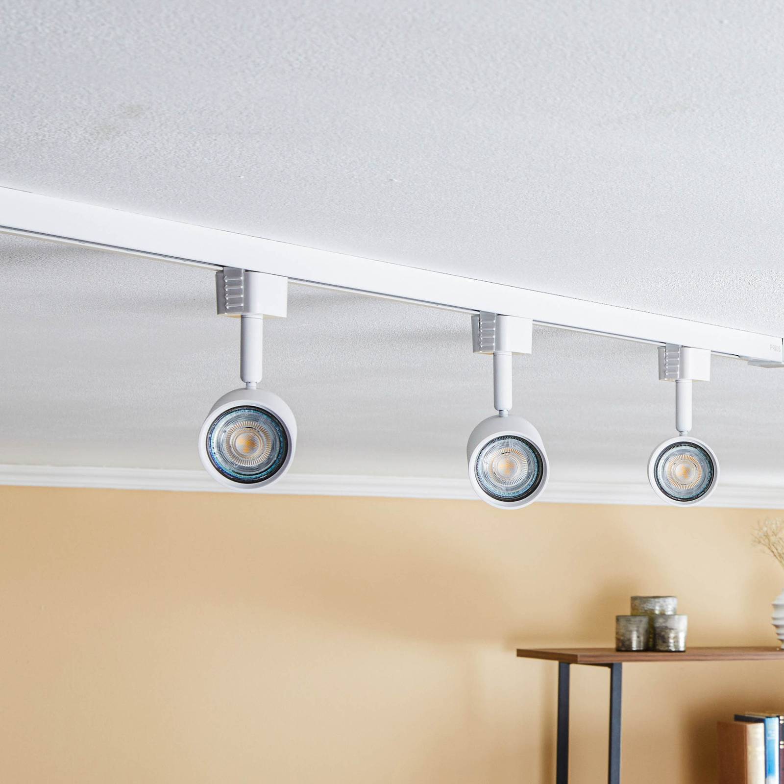 Prios 1-Phasen-Schienensystem Jorell, weiß, 3-flg., GU10 Jorell PRIOS, dimmbar, weiß / opal, für Wohn- / Esszimmer, Aluminium, Modern, Stromschienenleuchte