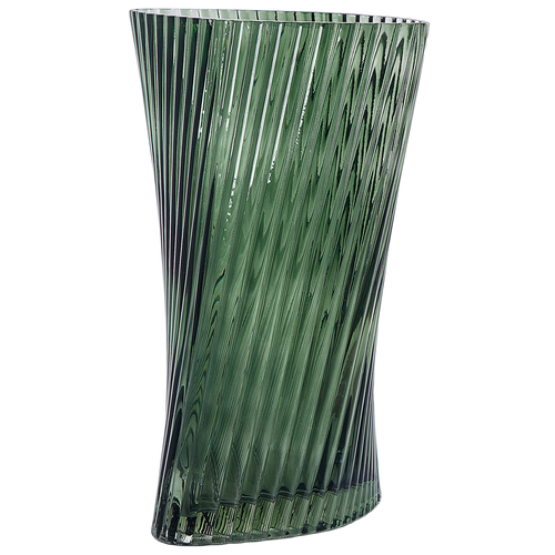 Blumenvase Dunkelgrün Glas 26 cm Hohe Form mit Breiter Öffnung Rillen-Struktur Modern Tischdeko Wohnaccessoires Deko Glasvase Wohnzimmer Flur