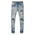 Jean de motard en cuir craquelé pour homme pantalon skinny en denim patch plissé trous déchirés