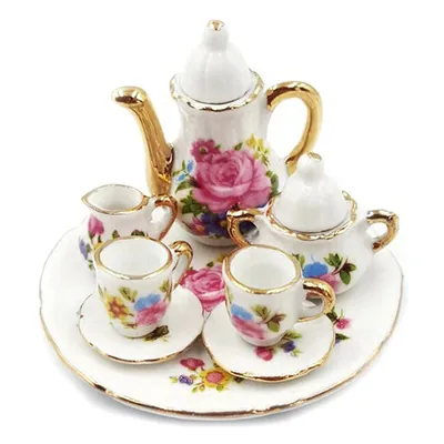Service à thé l'inventaire en porcelaine à motif floral coloré 8 pièces 1:12 maison de courses
