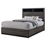 Wooden California King Bed with Bookcase Headboard and Grain Details, Gray