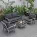 LeisureMod Walbrooke Modern Aluminum 5-Piece Patio Conversation Set with Outdoor Square Fire Pit Table & Side Table Tank Holder And Charcoal Cushions