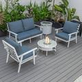 LeisureMod Walbrooke Modern Aluminum 5-Piece Patio Conversation Set with Outdoor Round Fire Pit Table & Side Table Tank Holder And Navy Blue Cushions