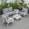 LeisureMod Walbrooke Modern Aluminum 5-Piece Patio Conversation Set with Outdoor Square Fire Pit Table & Side Table Tank Holder And Grey Cushions