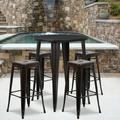 BizChair Commercial Grade 30 Round Black-Antique Gold Metal Indoor-Outdoor Bar Table Set with 4 Square Seat Backless Stools