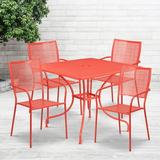 Emma + Oliver Commercial Grade 35.5 Square Coral Patio Table Set-4 Square Back Chairs