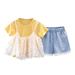 Cute Teen Leggings Girl Outfits Teens Toddler Kids Girls Clothes Summer Short Sleeve Lace Ribbed Ruffle T Shirt Tops Denim Shorts Casual 2PCS Outfits Set Winter Baby Girl Gift