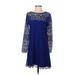 Max Studio Casual Dress - A-Line Crew Neck Long sleeves: Blue Print Dresses - Women's Size X-Small