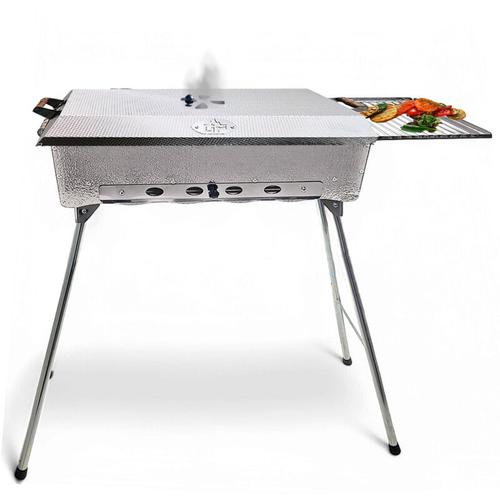 Schaschlikgrill Astana Deluxe Mangal aus rostfreiem Edelstahl mit BBQ Deckel Grillrost Ablage