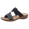 Pantolette RIEKER, Damen, Gr. 42, blau (nachtblau), Nubuklederimitat, kontrastfarbene Details, klassisch, Schuhe, Keilabsatz, Sommerschuh, Schlappen mit schöner Stickerei