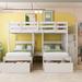 White Full over Twin & Twin Bunk Bed Wood Triple Bunk Bed with 2 Removable Wheeled Drawers and 4 Side Stairway Drawers