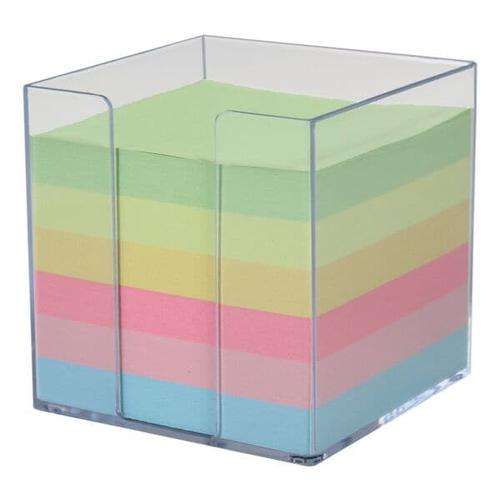 Befüllte Zettelbox – bunt Glasklar, M und M, 9.5×9.5×9.5 cm