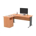 Pack Bureau d'angle compact retour à gauche Pronto Bois - L.160 x P.100 cm - Plateau Hêtre - Pieds Noir + Caisson hauteur bureau L.43 x P.60 cm