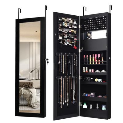 Costway Lockable Wall Door Mounted Mirror Jewelry Cabinet w/LED Lights-Black