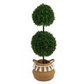 Nearly Natural 3.5 Boxwood Double Ball Artificial Topiary Tree in Boho Chic Handmade Natural Cotton Woven Planter with Tassels UV Resistant (Indoor/Outdoor)