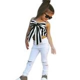 Staff for Baby Girl Girl Outfit Baby Toddler Kids Girls Big Bowknot Strap Striped T Shirt Tops Hole Long Pants Leggings 2PCS Outfits Clothes Set Outfits Girls