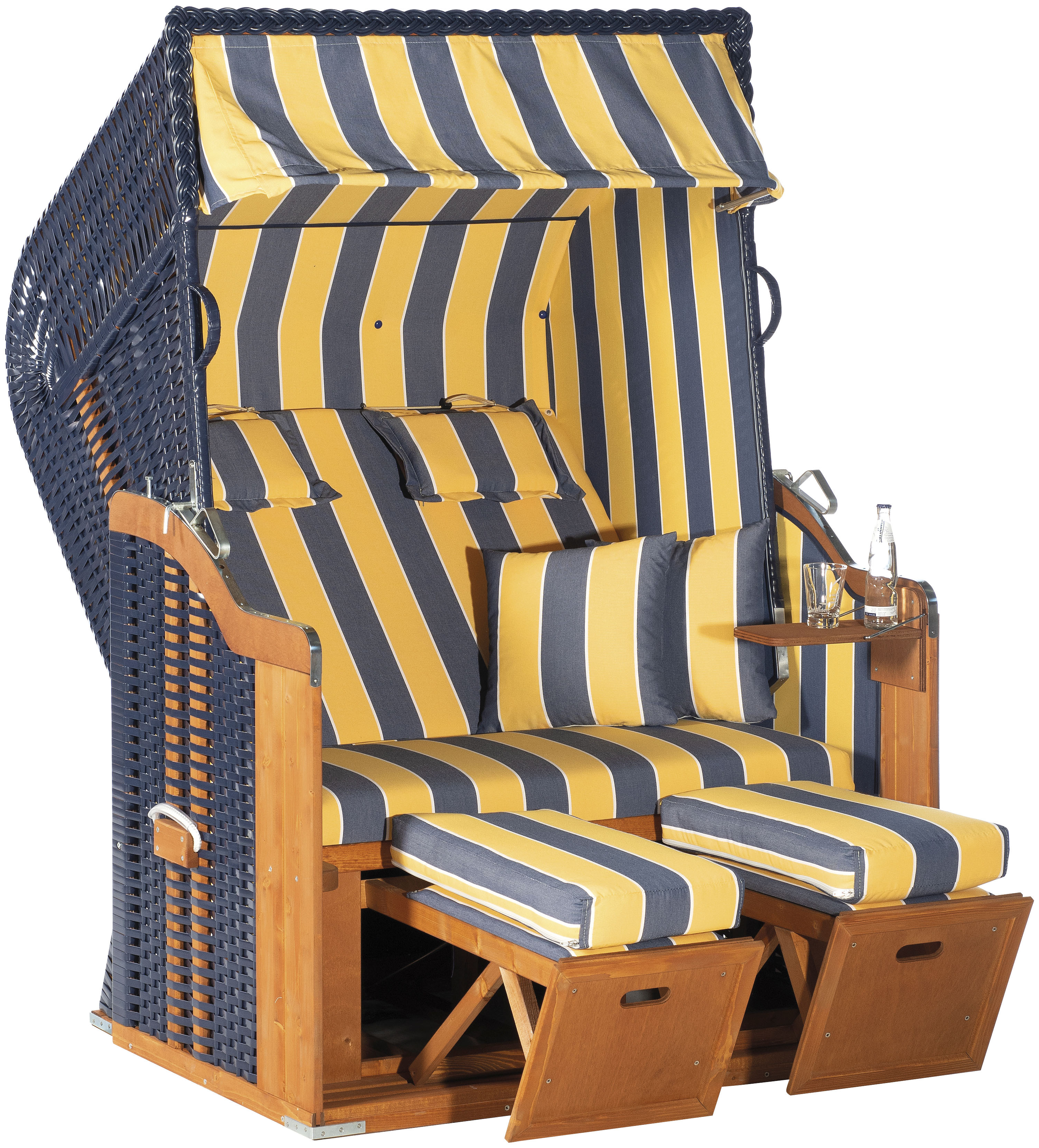 Strandkorb SUNNYSMART "Rustikal 250 Plus, TOPSELLER", blau (korpus: natur, blau bezug: gelb, blau), B:125cm H:160cm T:90cm, Strandkörbe, 2-Sitzer, komplett montiert, Oberkorb in einem Stück geflochten