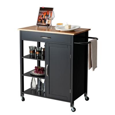 Costway Mobile Kitchen Island Cart with Rubber Wood Top-Black