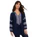 Plus Size Women's Embroidered Peasant Blouse by June+Vie in Navy Boho Embroidery (Size 18/20)
