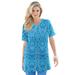 Plus Size Women's Print Notch-Neck Soft Knit Tunic by Roaman's in Ocean Bold Ikat (Size L) Short Sleeve T-Shirt