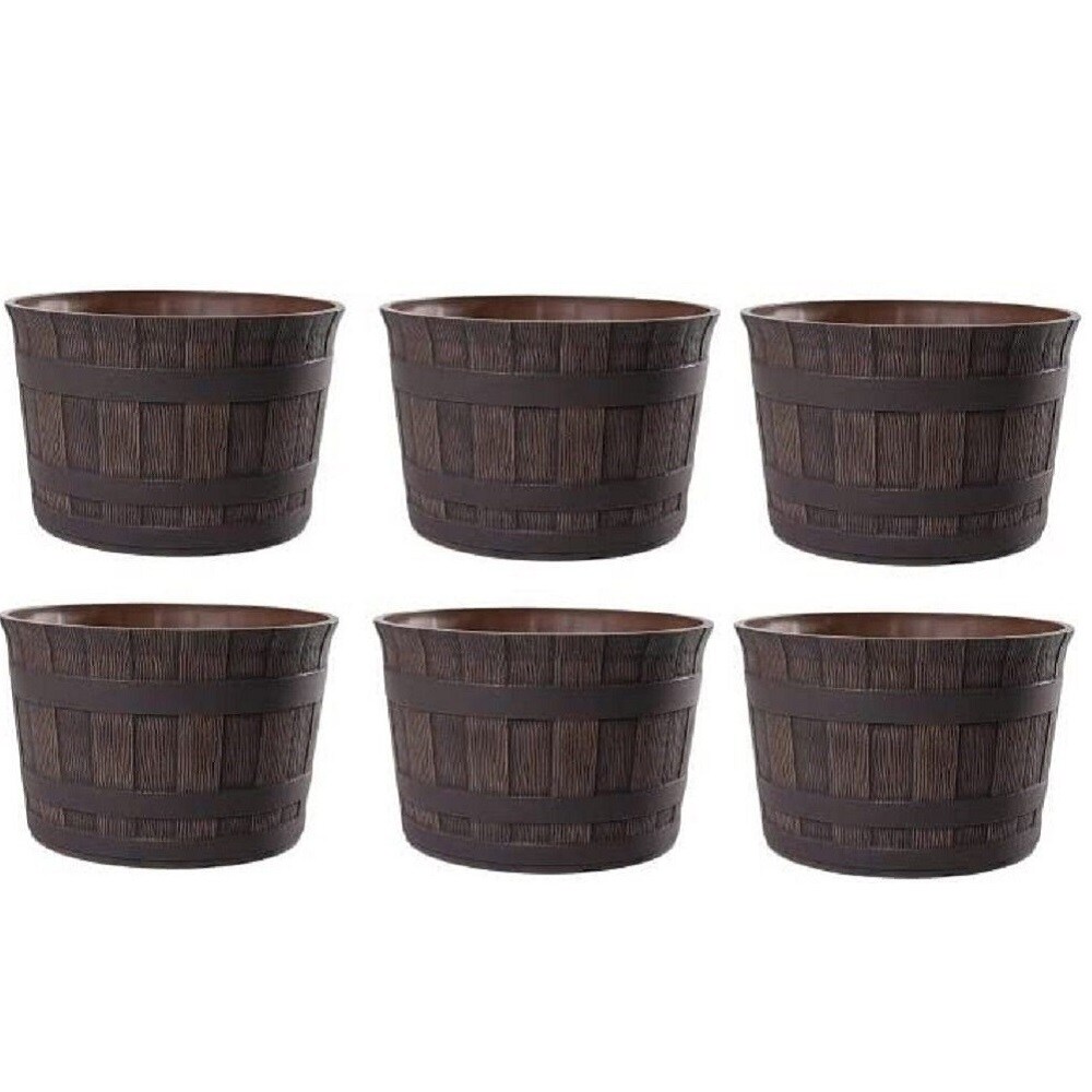 H&D Manufaktur Jinfa 6er-Set Blumenkübel aus Kunststoff in Holzoptik | Farbe: Kastanie | Design: Barrique | Ø 36 cm Image