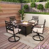 5-Piece Outdoor Dining Set Wood-look Gas Fire Pit Table & Elegant Cast Iron Pattern Dining Chairs