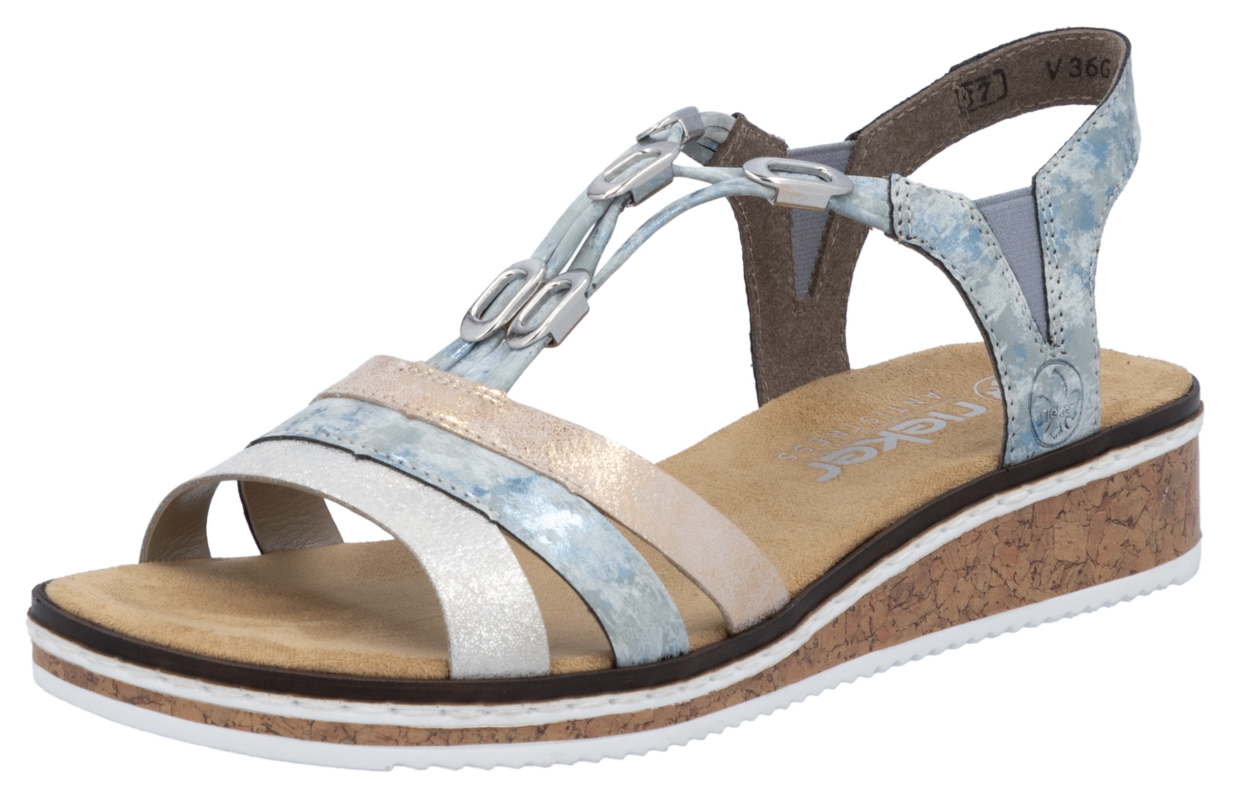 Riemchensandale RIEKER, Damen, Gr. 37, bunt (hellblau, rosé, silberfarben), Lederimitat, metallic, Klassisch, Schuhe, Sommerschuh, Sandalette, Keilabsatz, mit dezenter Schmuckverzierung