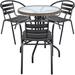 BTEXPERT Indoor Outdoor 28" Round Tempered Glass Metal Table Brown Rattan Trim + 3 Black Restaurant aluminum Slat Stack Chairs