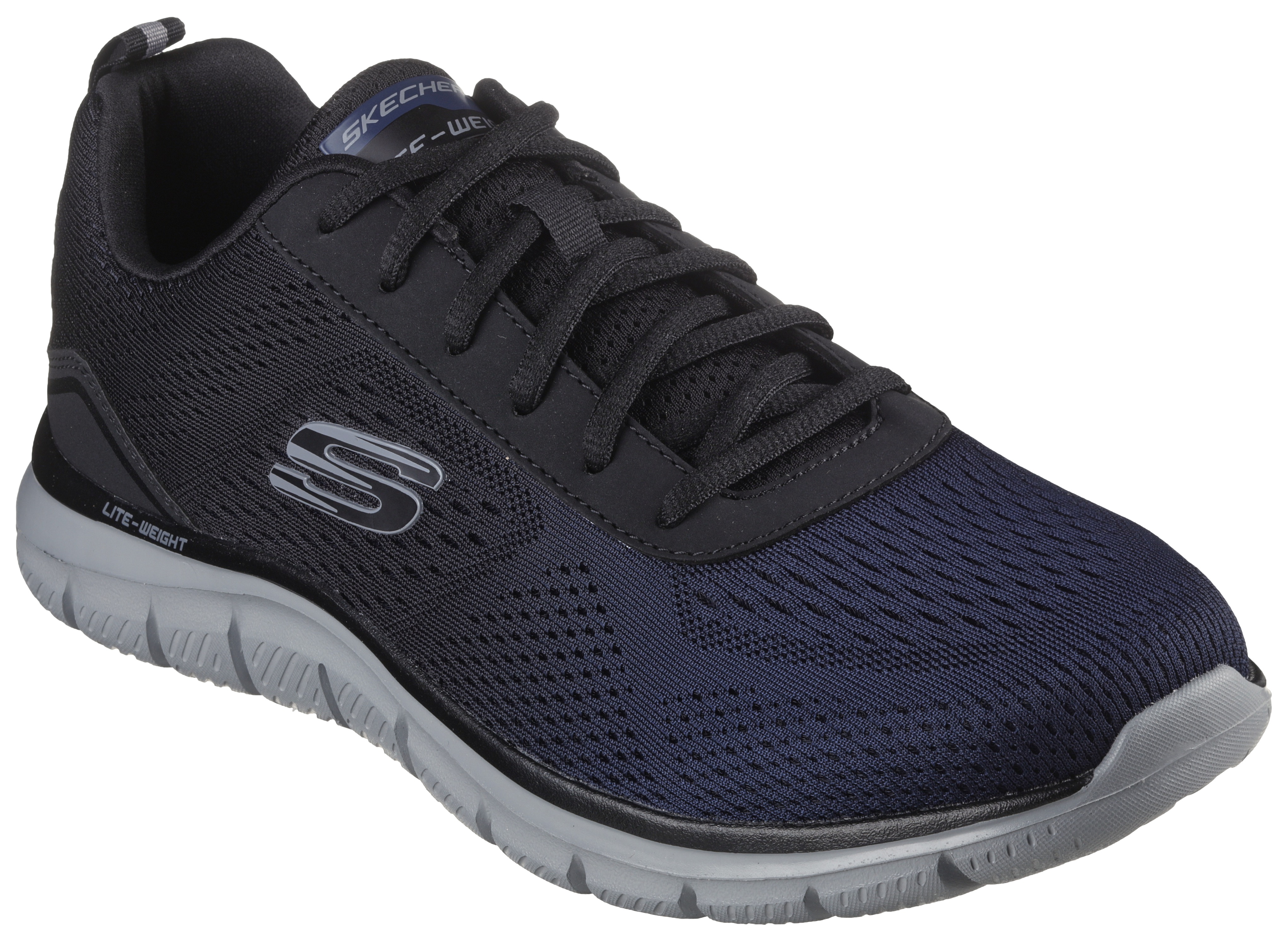 Sneaker SKECHERS "TRACK-RIPKENT", Herren, Gr. 47,5, blau (navy, schwarz), Synthetik, Textil, Schuhe Sneaker, Freizeitschuh, Halbschuh, Schnürschuhin veganer Verarbeitung