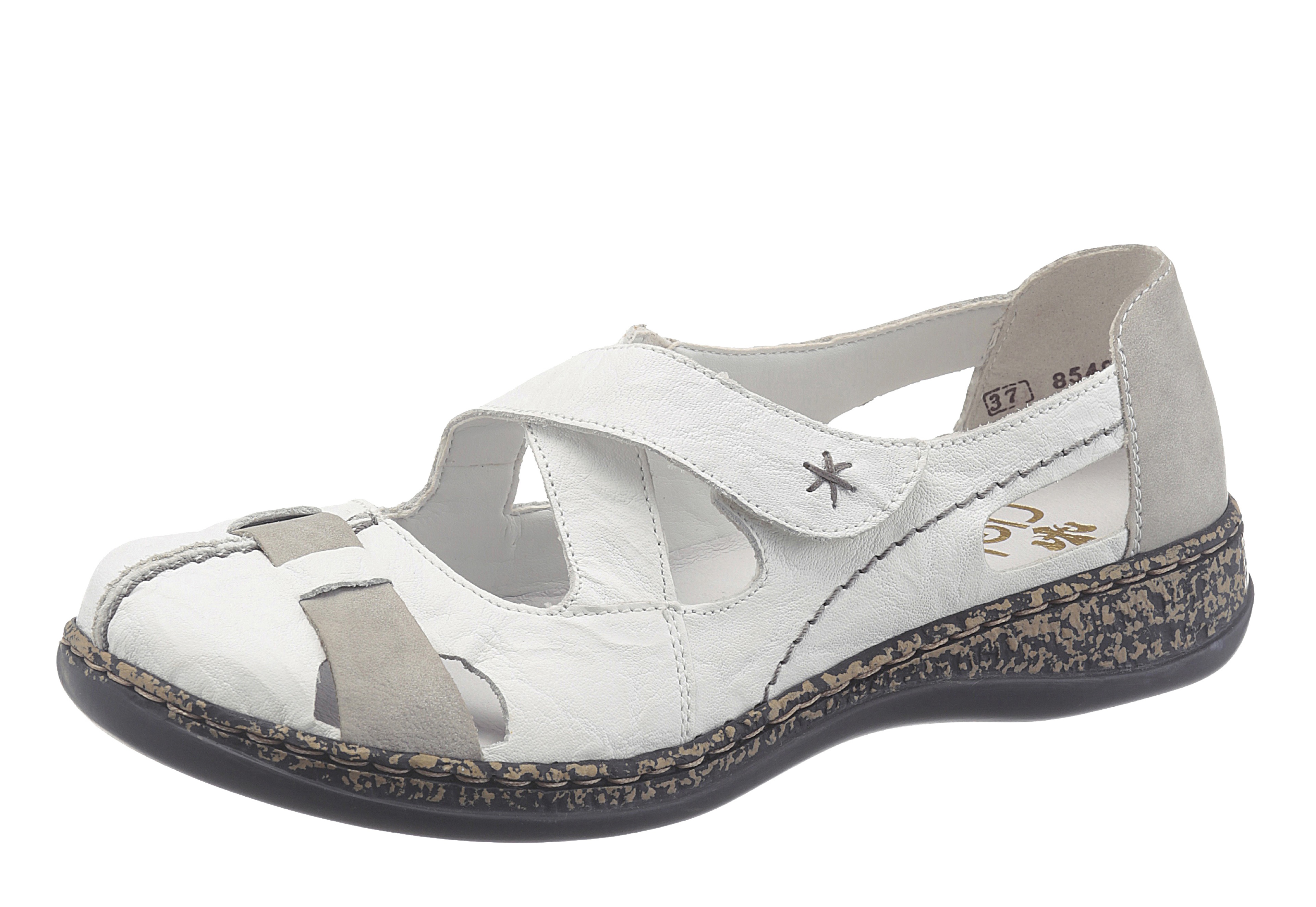 Slipper RIEKER, Damen, Gr. 40, grau (weiß, grau), Leder, Schuhe Slipper, Spangenschuh, Schlupfschuh, Komfortschuh mit Klettverschluss