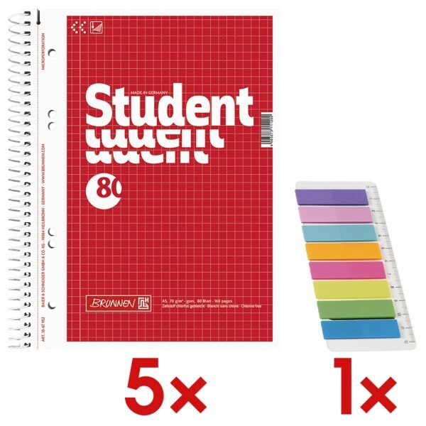 Brunnen 5x Collegeblock »Student« A5 kariert inkl. Haftstreifen »Multicolor« Image