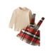 Douhoow 2PCS Kid Girl Fall Clothes Solid Ribbed Pullover+Plaid Suspender Short Skirt