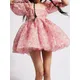 Robe de Rhen organza à fleurs roses pour femmes col carré manches mi-bouffantes balançoire mini