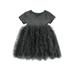 Douhoow Little Girls Solid Color Dress Short Sleeve Round Neck Ribbed Stitching Fluffy Hem Summer Casual A-Line Dress