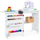 Folding Sewing Table Multipurpose Craft Station & Side Desk with Compact Design Wheels Shelves Bins Pegs Magnetic Doors Metal Doorknobs - White