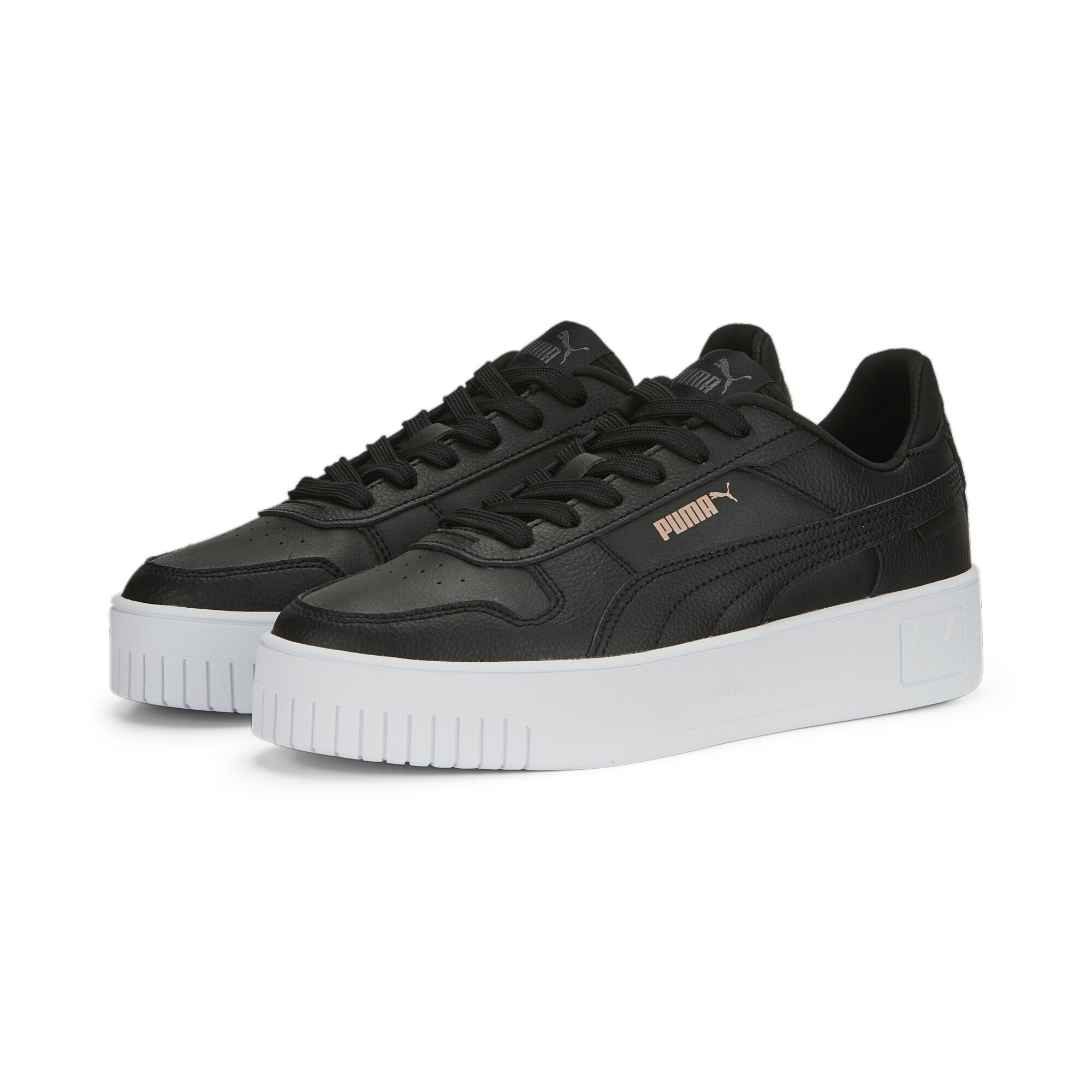 Sneaker PUMA "Carina Street Sneakers Damen", Damen, Gr. 39, schwarz-weiß (schwarz rose gold weiß metallic), Obermaterial: Kuhleder, Synthetik, Leder; Futter: Textil, Synthetik; Innensohle: Textil; Laufsohle: Gummi, Schuhe Sneaker