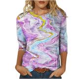 ZQGJB Casual Marble Printing T-Shirts for Women Clearance Summer Three Quarter Sleeve Crewneck Tees Lightweight Pullover Tunic Tops for Leggings Purple XL