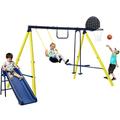 Backyard Toddler 5 in 1 Swing Set Playground Swing Sets with Steel Frame Combo Swing Set w/ Slide Set & Seesaw Swing Outdoor Swing Sets w/ Horizontal Bar & Basketball Hoop for Backyard T1194