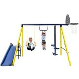 KOFUN Metal Swing Set for Outdoor Backyard Playground Swing Sets with 2 Swings Seesaw Swin and Heavy Duty Slide Swing Playset with Basketball Hoop for 5 Kids Toddlers Ages 3-10