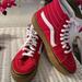 Vans Shoes | Like New Vans Red Suede/Canvas Hi-Top. Gum Sole. Mens 5/Women 6.5. Hard To Find! | Color: Red/Tan | Size: Mens 5.0/Women’s 6.5