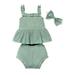 YWDJ 3-24 Months Girls 2 Piece Outfit Set Summer Kids Sleeveless Top Shorts Bow Headband Three-piece Set Green 12-18 Months