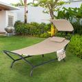 Costway Patio Hanging Chaise Lounge Chair with Canopy Cushion Pillow & Storage Bag Beige