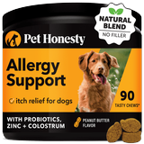 Pet Honesty Dog Allergy Support Supplement w Probiotics Zinc and Colostrum Peanut Butter Flavor 90 Count Soft Chews