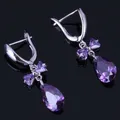 Boucles d'oreilles en forme de goutte d'eau en zircon cubique violet plaqué argent V0774