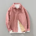 100% Cotton Winter Warm Thicken Fleece Corduroy Pink Shirts Men Solid Color Long Sleeve Classical