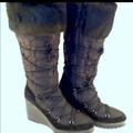 Coach Shoes | Coach Sofie Rabbit Fur Trim Monogram Knee High Platform Boots. Sz 6.5 | Color: Black/Silver | Size: 6.5