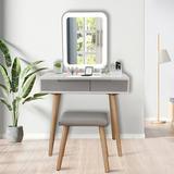 FULLWATT Makeup Vanity Table Set With Square Vanity 3 Color Lights Mirror Cushioned Stool Organizer Gray