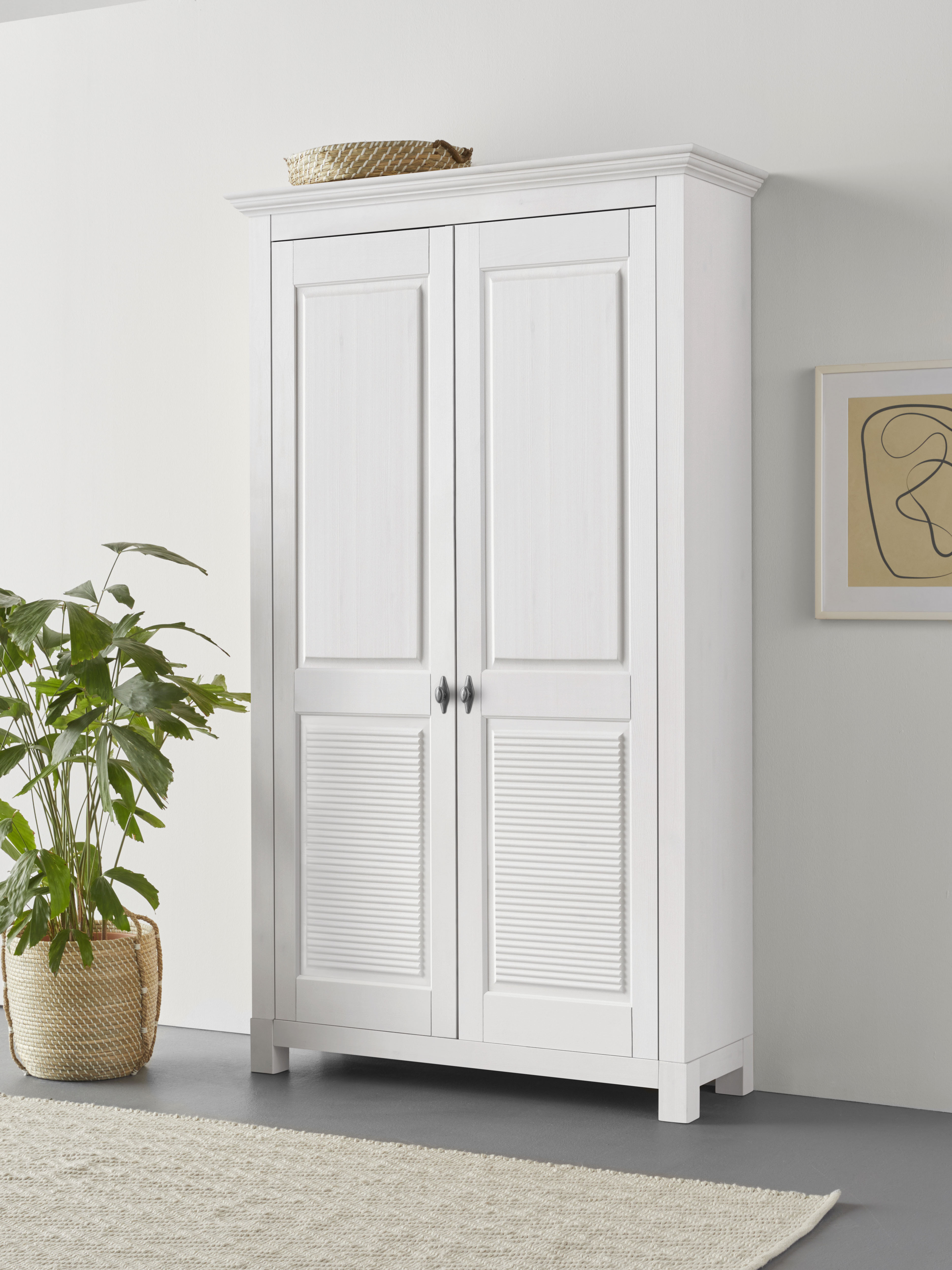 Schuhschrank HOME AFFAIRE "Rauna", weiß, B:113cm H:194cm T:39cm, Massivholz, Schränke, Schuhschrank, aus massiver Kiefer, viel Stauraum, Topseller